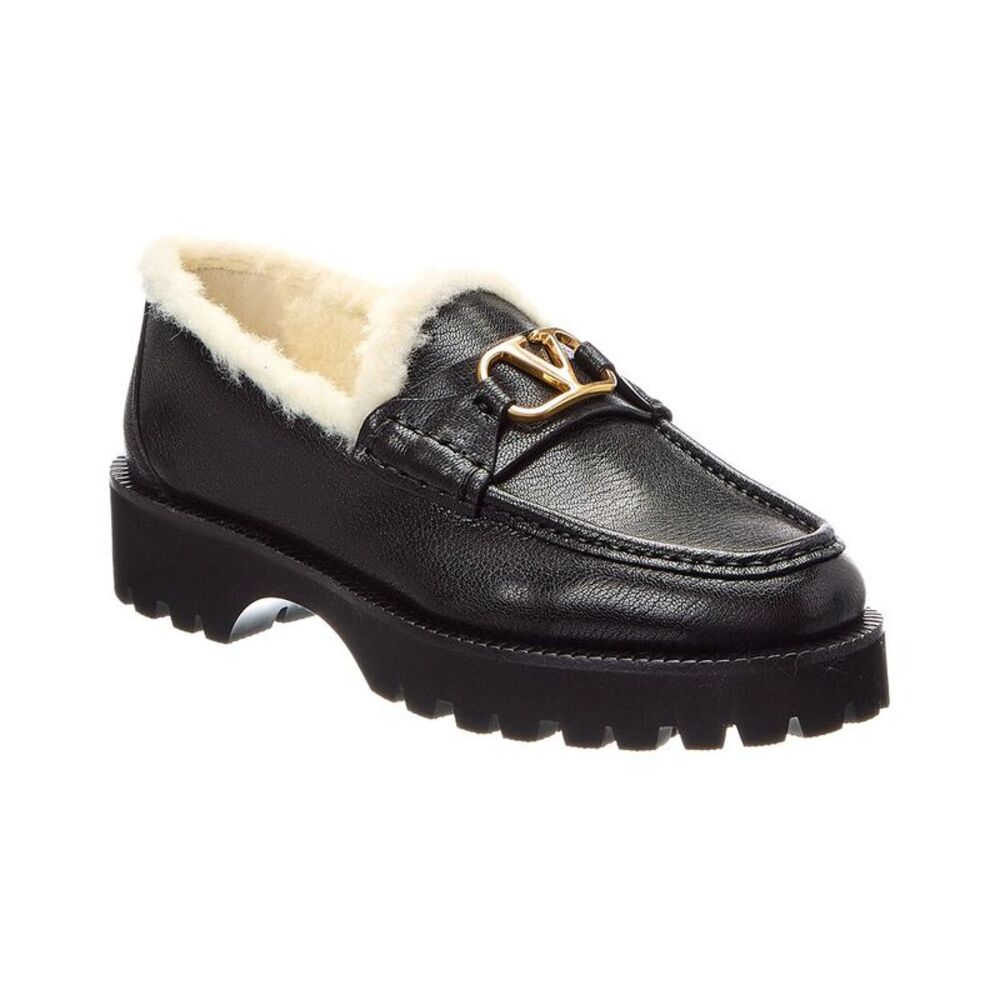 Valentino Vlogo Signature Leather & Shearling Loafer, Black